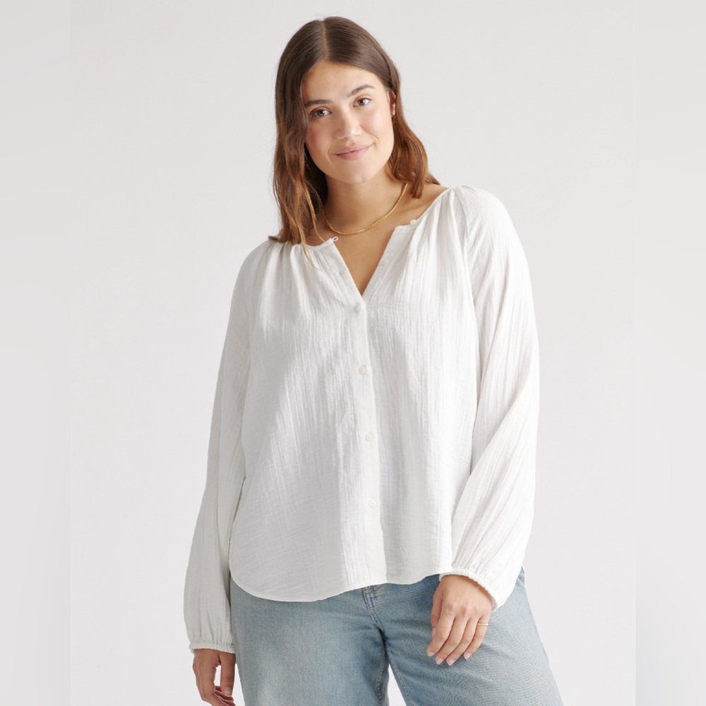 Quince 100% Organic Cotton Gauze Peasant Blouse; White; Medium